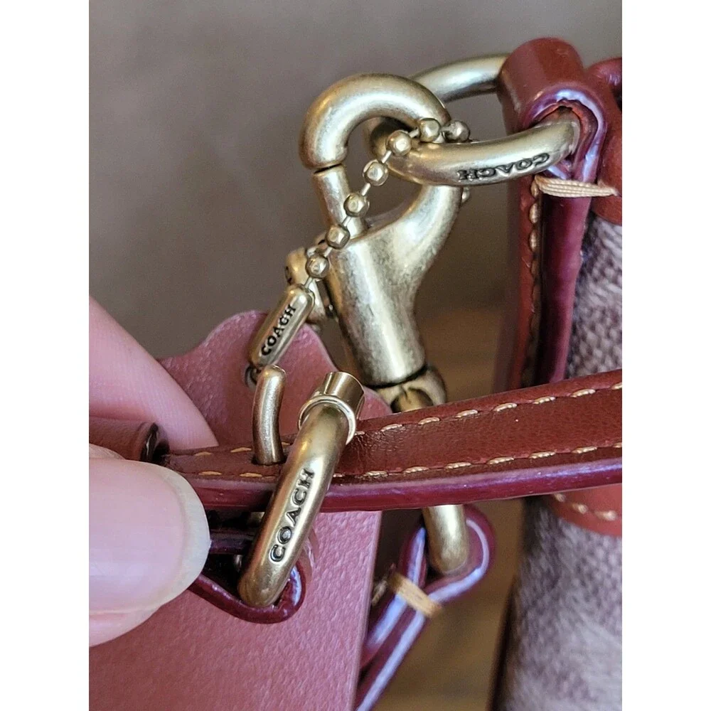 COACH Kitt Colorblock Signature Canvas Leather Messenger Crossbody Bag Tan Brass